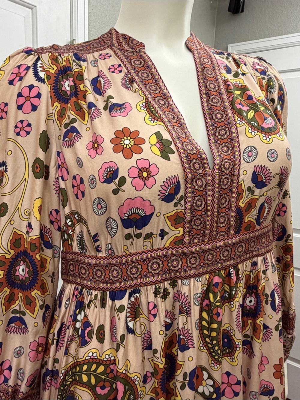 Boden Paisley Floral Long Sleeve Boho Maxi Dress - Cream, Pink, Green, Brown - Picture 2 of 15